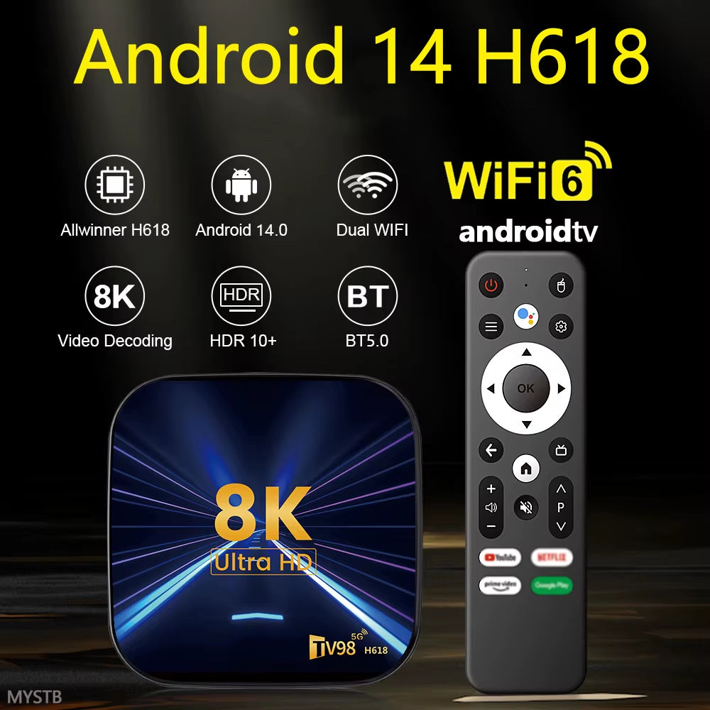 H618 Smart TV Box Android 14 4GB 32GB 64GB Media Player Quad Core 5G Dual Wifi AV1 8K BT Wifi6 Voice Assistant 2025 Set Top Box