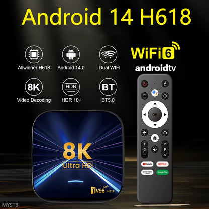 H618 Smart TV Box Android 14 4GB 32GB 64GB Media Player Quad Core 5G Dual Wifi AV1 8K BT Wifi6 Voice Assistant 2025 Set Top Box