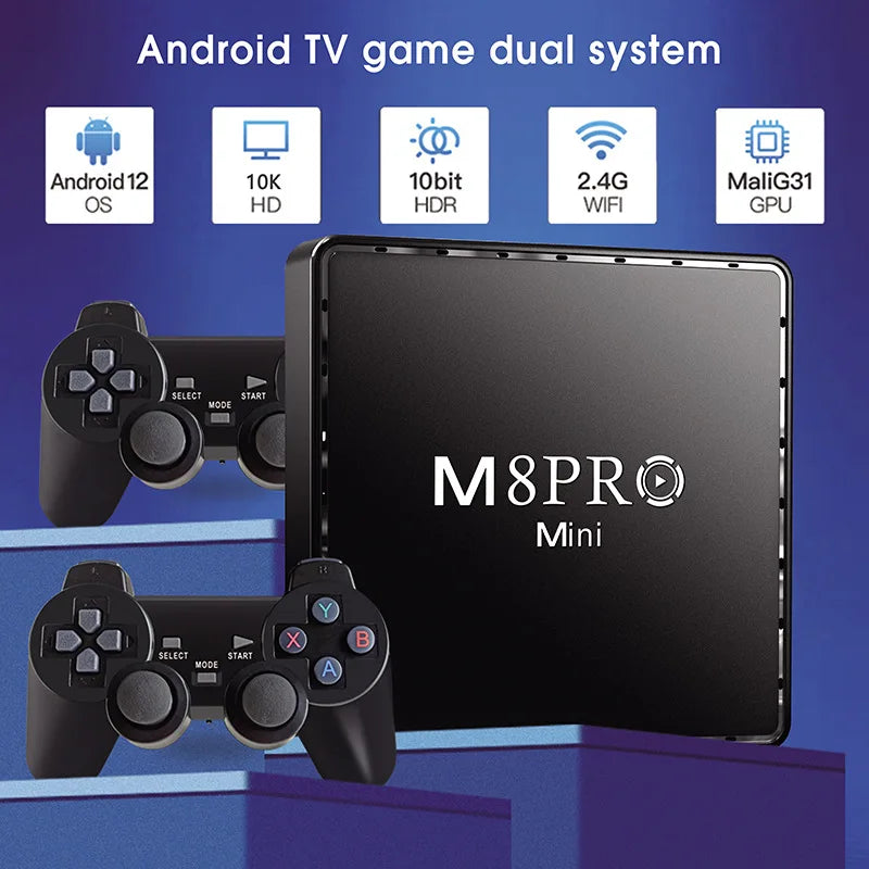 Video Game Console M8Pro Mini 4K 64G 10000 Retro Video Game Console 2.4G Wilress Android 12 TV Box Wifi Malig31 CPU Dual System