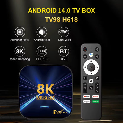 H618 Smart TV Box Android 14 4GB 32GB 64GB Media Player Quad Core 5G Dual Wifi AV1 8K BT Wifi6 Voice Assistant 2025 Set Top Box
